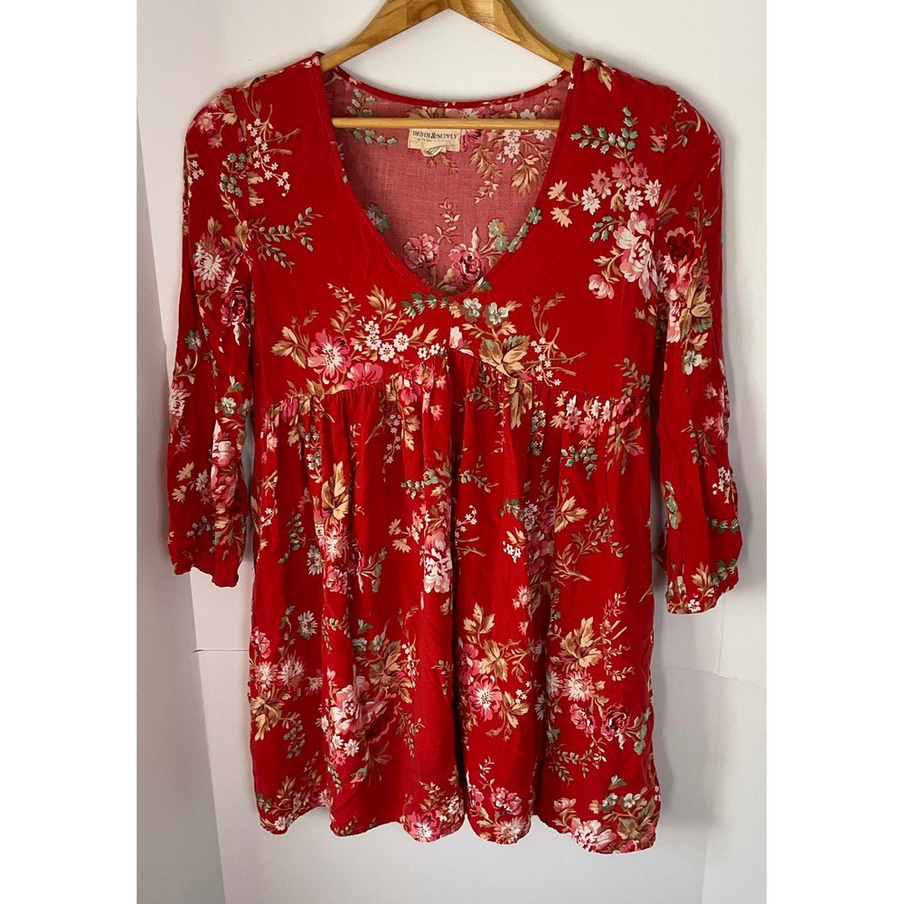 Denim & Supply Ralph Lauren Red Floral Babydoll Tunic Top V-Neck 3/4 Sleeve M